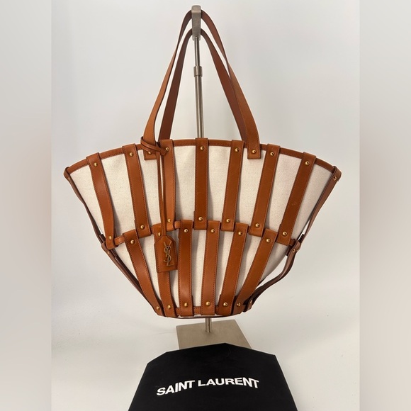 Saint Laurent Beatrix Panier Cut Out Tote Canvas with Leather New +dustbag *read - Picture 4 of 16